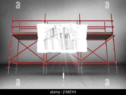 Digitali compositi di carta con la costruzione di doodle contro impalcature in camera grigia Foto Stock