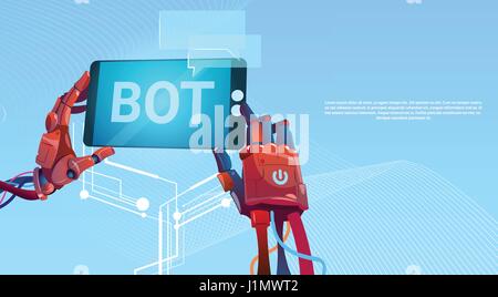 Chat mani Bot utilizzando una cella Smart Phone, Robot assistenza virtuale del sito web o applicazioni mobili, intelligenza artificiale Concept Illustrazione Vettoriale