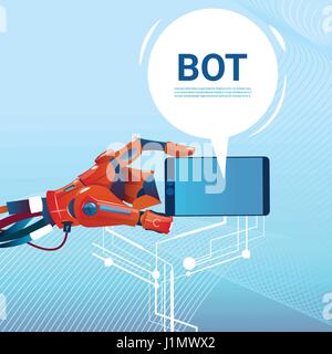 Chat mani Bot utilizzando una cella Smart Phone, Robot assistenza virtuale del sito web o applicazioni mobili, intelligenza artificiale Concept Illustrazione Vettoriale