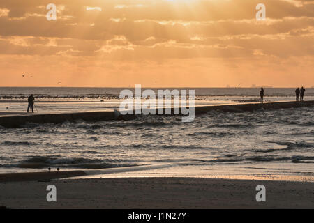 Sagome dei fotografi e dei pescatori con drammatico il vento e le onde a sunrise in Galveston East Beach. Foto Stock