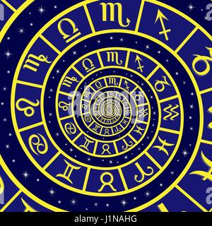 Dodici segno zodiacale sul tempo a spirale, illustrazione vettoriale in colori blu e gialli Illustrazione Vettoriale