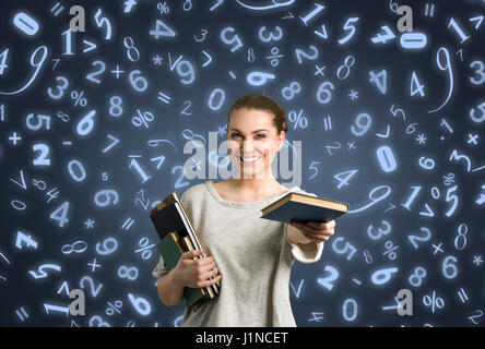 Studente ragazza dando libro illustrato con icona di istruzione Foto Stock