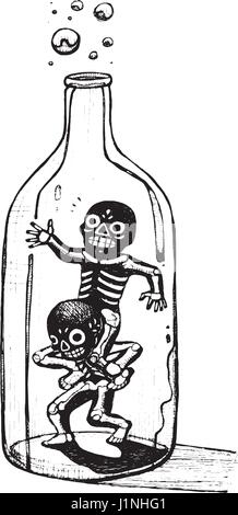 Disegnata a mano illustrazione vettoriale o il disegno di una coppia di scheletri giocare all'interno di una bottiglia di vetro Illustrazione Vettoriale