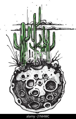 Disegnata a mano illustrazione vettoriale o di disegno di una luna con alcuni cactus e piante del deserto su di esso Illustrazione Vettoriale