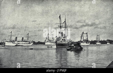 L'Ofir e il suo convoglio giacenti nel porto di Colombo, con le LL.AA.RR Il Duca e la Duchessa di Corwall e York a bordo, Aprile 1901 Foto Stock