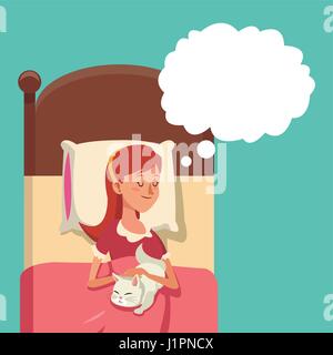 Cartoon giovane donna che dorme nel letto abbraccio cat Illustrazione Vettoriale