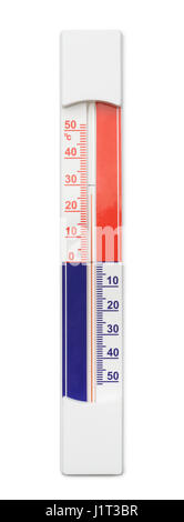 Vista anteriore del termometro in plastica isolato su bianco Foto Stock