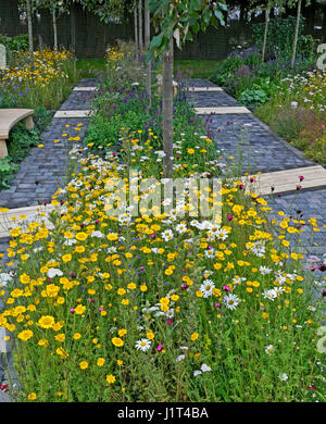 Un frutteto urbano giardino creato con alberi di mele e fiori selvatici per rendere un impegno e riparatoria dello spazio della città Foto Stock