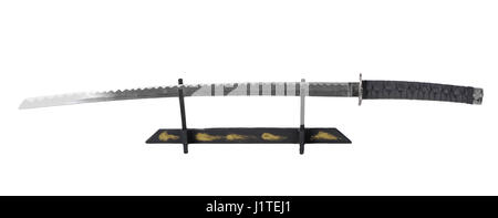 Spada Samurai su supporto isolato su bianco Foto Stock