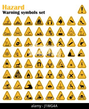 Avvertenza pericolo triangolo segni Set. Illustrazione Vettoriale. Simboli gialli isolato su bianco Illustrazione Vettoriale