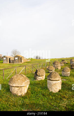 Rotondo semplice tombe scavate dal rock per la cremazione sepolture durante il periodo Villanoviano intorno al IX secolo A.C. può essere visto a Monterozzi necropoli Foto Stock