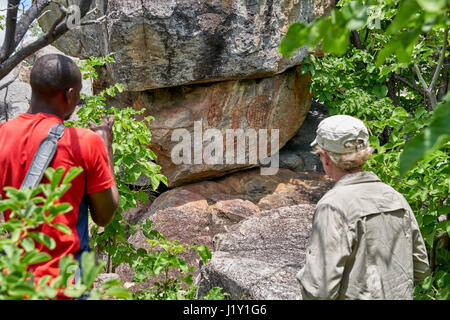 Turistiche e guide alla ricerca sull'arte rupestre, antica San dipinti, Tsodilo Hills, Botswana, Africa Foto Stock