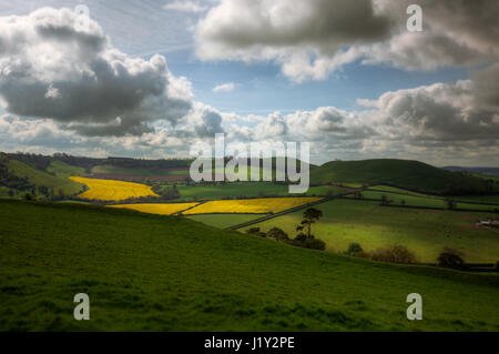 Vista del paesaggio rurale dalla sommità del Castello di Cadbury nel Somerset, Inghilterra, Regno Unito Foto Stock