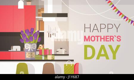 Madre felice giorno, cucina della famiglia interno, vacanze di primavera Greeting Card Banner Illustrazione Vettoriale