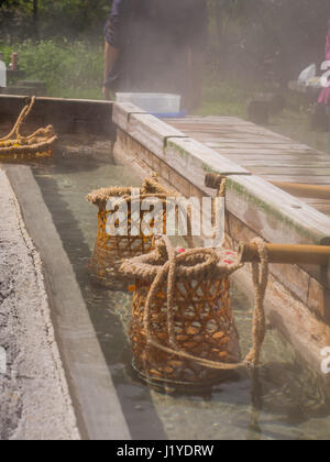 Uova e verdure cotti in acqua di sorgenti calde a Taiping Mountain in Taiwan Foto Stock