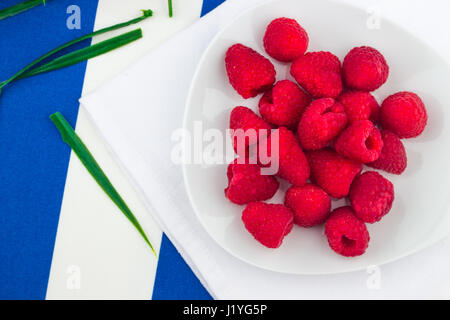 Fresche Lamponi rosso su bianco artistica targa / rosso dei lamponi freschi su un bianco artistica targa con i cookie, rosmarino, cioccolato e crema di panna in b Foto Stock