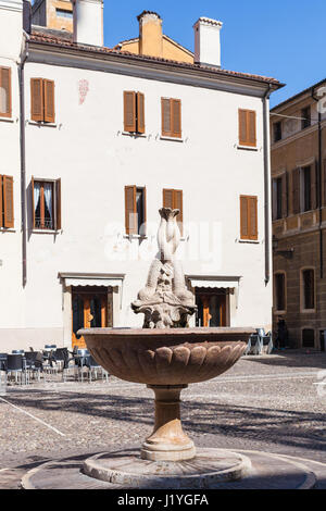 Viaggiare in Italia - Fontana (Fontana dei delfini) su Piazza Broletto nella città di Mantova in primavera Foto Stock