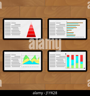 File di statistiche su compresse. Lo strato economico ed infografico relazione, illustrazione vettoriale Foto Stock