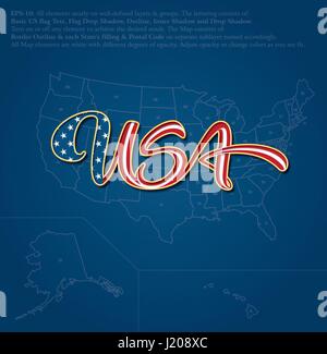 Illustrazione vettoriale di un custom-made caratteri della parola "USA" sopra la mappa degli Stati Uniti. Il design segue il flusso di una sventola bandiera americana. Al Illustrazione Vettoriale