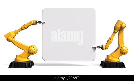 I robot industriali tenendo un bordo isolati su sfondo bianco del rendering 3D Foto Stock