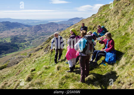 Gli escursionisti in appoggio e guardando a vista sulle piste di Y Lliwedd mountain nelle montagne del Parco Nazionale di Snowdonia. Gwynedd, Wales, Regno Unito, Gran Bretagna Foto Stock