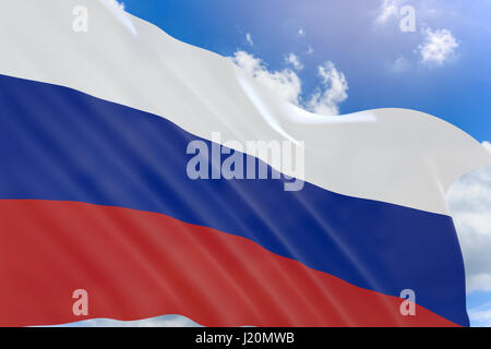 3D rendering della Russia bandiera sventola sul cielo azzurro sfondo, la Russia è il giorno della festa nazionale della Federazione Russa. Essa è stata celebrata annuale di Foto Stock