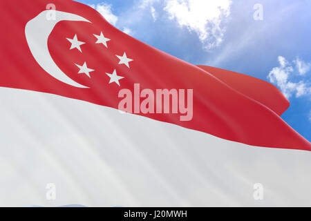 3D rendering di Singapore bandiera sventola sul cielo blu sullo sfondo la Giornata Nazionale di Singapore è celebrata ogni anno il 9 agosto in occasione della commemorazione di Foto Stock
