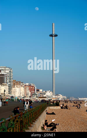 L'i360 è il più alte del mondo in movimento torre di osservazione. I passeggeri sono trasportati in un pod 162 metri sopra il lungomare di Brighton in Inghilterra. Foto Stock