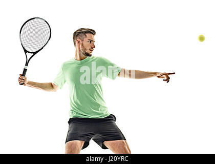 Un uomo caucasico giocando a tennis player isolati su sfondo bianco Foto Stock