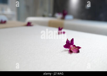 Fiori decorare lettini per massaggi in salone a spa Foto Stock