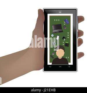 Maschio di pensieri nella mia testa. Ciò che un uomo pensa. La tecnica e la prosperità materiale. concetto. Mano umana attesa smart phone Illustrazione Vettoriale