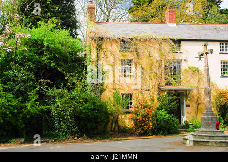 Dorset, Regno Unito. 23 apr, 2017. Una casa Georgiana e il villaggio guerra-memorial sono immersi nella luce del sole pomeridiano in Whitchurch Canonicorum Credito: stuart fretwell/Alamy Live News Foto Stock