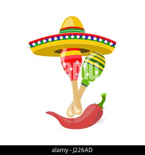 Cinco de Mayo. Vacanza divertente. Sombrero, maracas e peperoni rossi. illustrazione Illustrazione Vettoriale