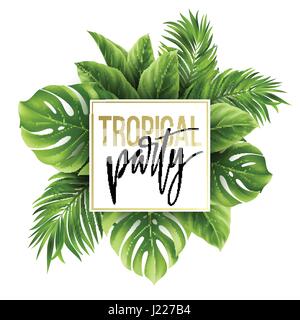 Estate foglia tropicale con uno sfondo con palme esotiche foglie. Party flyer modello. Caratteri della scrittura. Illustrazione Vettoriale Illustrazione Vettoriale