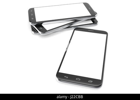 Moderne smart phone. Schermo bianco per mockup, isolato su sfondo bianco. 3d illustrazione Foto Stock