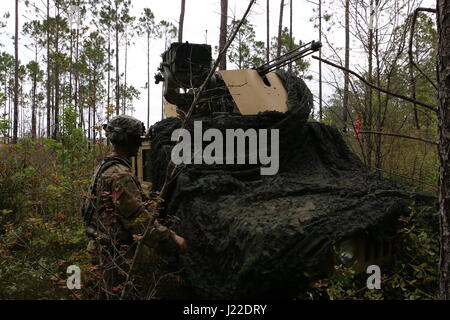 Un soldato con Alfa truppa, 6° Stormo, 8° reggimento di cavalleria, seconda della brigata di fanteria combattere la squadra, terza divisione di fanteria, camuffato un Humvee durante un allenamento situazionale esercizio Aprile 3, 2017 a Fort Stewart, Ga. Questo esercizio è stato parte della Mustang Focus, un squadrone annuale di esercizio che le misure organizzative e di fattibilità soldato. (U.S. Esercito foto di Sgt. Robert Harris/ rilasciato) Foto Stock