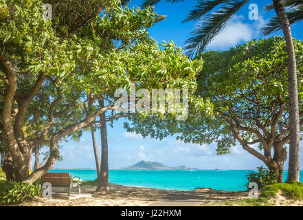 Una tranquilla, ombreggiata panchina affacciato sulla bellissima acque verde smeraldo di Kailua Bay sull'isola di Oahu, Hawaii. Foto Stock