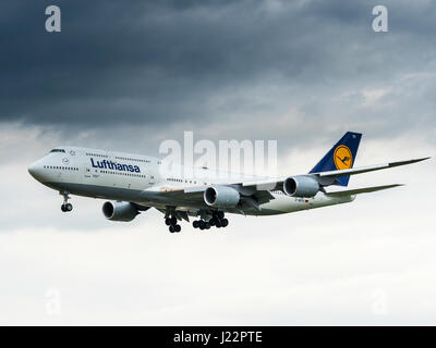 Lufthansa Boeing 747 nell'approccio di atterraggio, Frankfurt am Main, Hesse, Germania Foto Stock