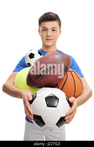 Atleta di adolescenti con differenti tipi di palle sportive isolati su sfondo bianco Foto Stock