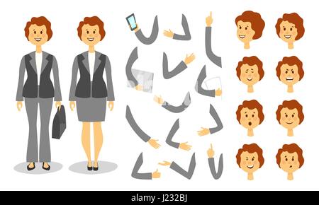 Imprenditrice la creazione del personaggio. Le icone con diversi tipi di facce e capelli stile, emozioni, anteriore, posteriore, vista laterale della persona di sesso maschile. Muovendo le braccia, le gambe. Illustrazione Vettoriale Illustrazione Vettoriale