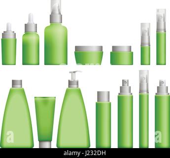 Verde realistico flaconi cosmetici Illustrazione Vettoriale