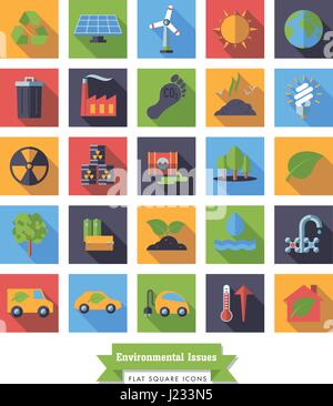 Raccolta di Ambiente e clima piazza correlati design piatto lungo ombra icone vettoriali Illustrazione Vettoriale