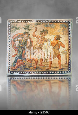 Roman pavimento a mosaico raffigurante la lotta tra Dioniso e gli indiani. Dalla Villa de Ruffinella, Tusculum. Museo Nazionale Romano, Roma Foto Stock