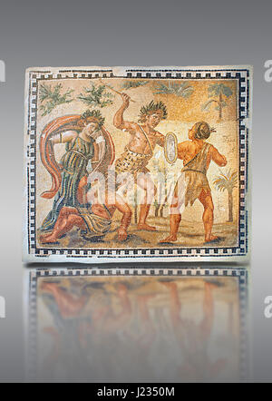 Roman pavimento a mosaico raffigurante la lotta tra Dioniso e gli indiani. Dalla Villa de Ruffinella, Tusculum. Museo Nazionale Romano, Roma Foto Stock