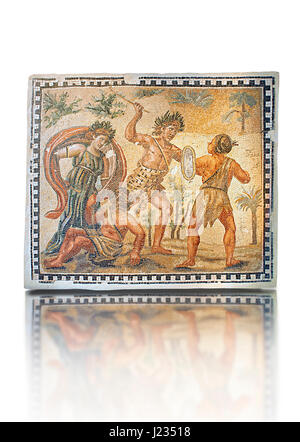 Roman pavimento a mosaico raffigurante la lotta tra Dioniso e gli indiani. Dalla Villa de Ruffinella, Tusculum. Museo Nazionale Romano, Roma Foto Stock