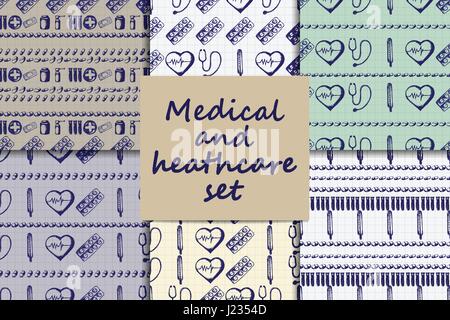 La sanità e la medicina. Sei vettore doodle seamless patterns con termometro, cuore, uno stetoscopio, croce, provette e pillole. Medical disegnata a mano Illustrazione Vettoriale