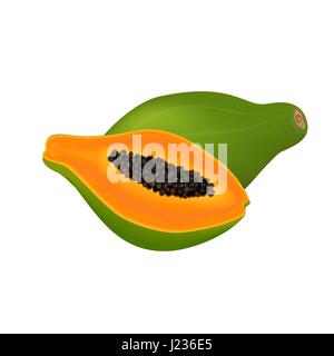 La papaia fresca, fette e frutta intera su sfondo bianco Illustrazione Vettoriale