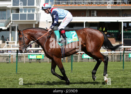 Jockey Shane Kelly a bordo di Sir Dancealot andando a posto per il bet365 Libera Europea gara di Handicap durante il giorno due di bet365 Craven incontro a Newmarket Racecourse Foto Stock