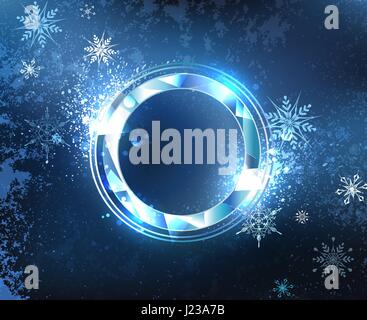 Rotondo, banner sfaccettato di blu scintillante blu ghiaccio freddo sfondo con i fiocchi di neve. Il design di ghiaccio. Illustrazione Vettoriale