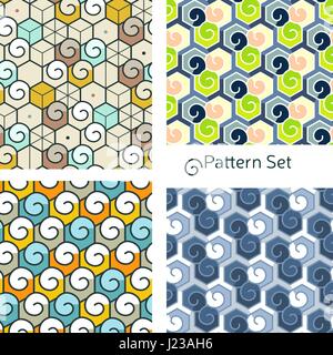 Astratta geometrica seamless pattern impostato. Motivo lineare dello sfondo. Forme colorate di spirali e griglia esagonale Illustrazione Vettoriale